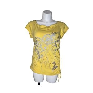 VINTAGE BABY PHAT Y2K Cinched Short Sleeve Embellished Tee Bright Yellow Size 2X